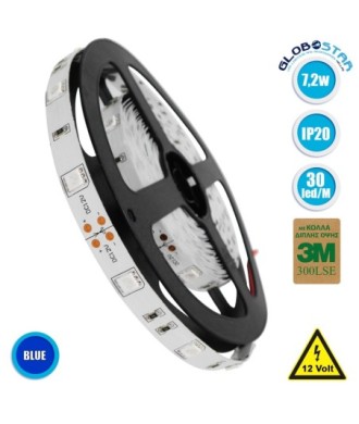 GloboStar® 70016 Ταινία LED SMD 5050 5m 7.2W-m 30LED-m 727lm-m 120° DC 12V IP20 Μπλε